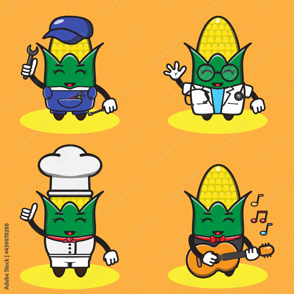 Vector illustration of cute Corn cartoon set. Good for icon, logo, label, sticker, clipart.