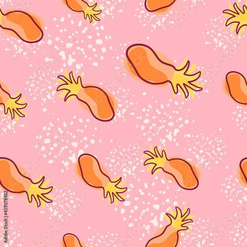 Hand drawn seamless pattern with orange random abstract pineapples print. Pink background with splashes.