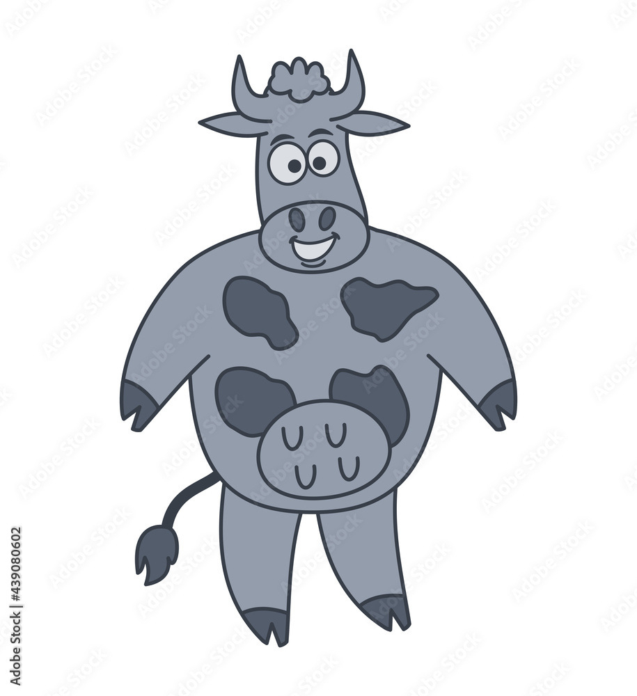 Cute standing and smiling dairy cow with spots in a single colour Cute standing and smiling dairy cow with spots in a single colour