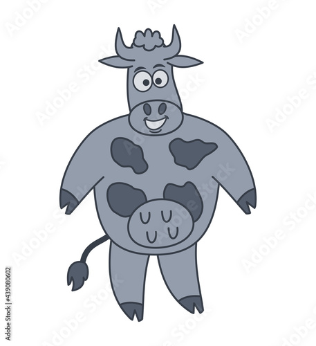 Cute standing and smiling dairy cow with spots in a single colour