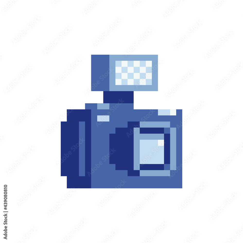 Retro camera with flash icon. Pixel art flat style. Web site design. 8-bit. Game assets. Isolated abstract vector illustration. Retro camera with flash icon. Pixel art flat style. Web site design. 8-bit. Game assets. Isolated abstract vector illustration.