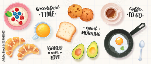 Vecor breakfast cartoon set with cereal, coffee, juice, toasted bread, chocolate cookies, croissant, eggs and avocado isolated on white background