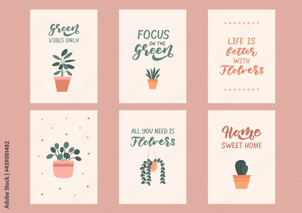 House plants and hand drawn lettering. Card set. Template for, banner, poster, flyer, greeting card, web design, print design. Vector illustration.