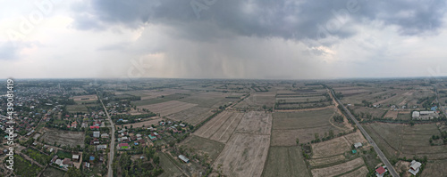 Panoramic aerial view of rice fields, Thailand.