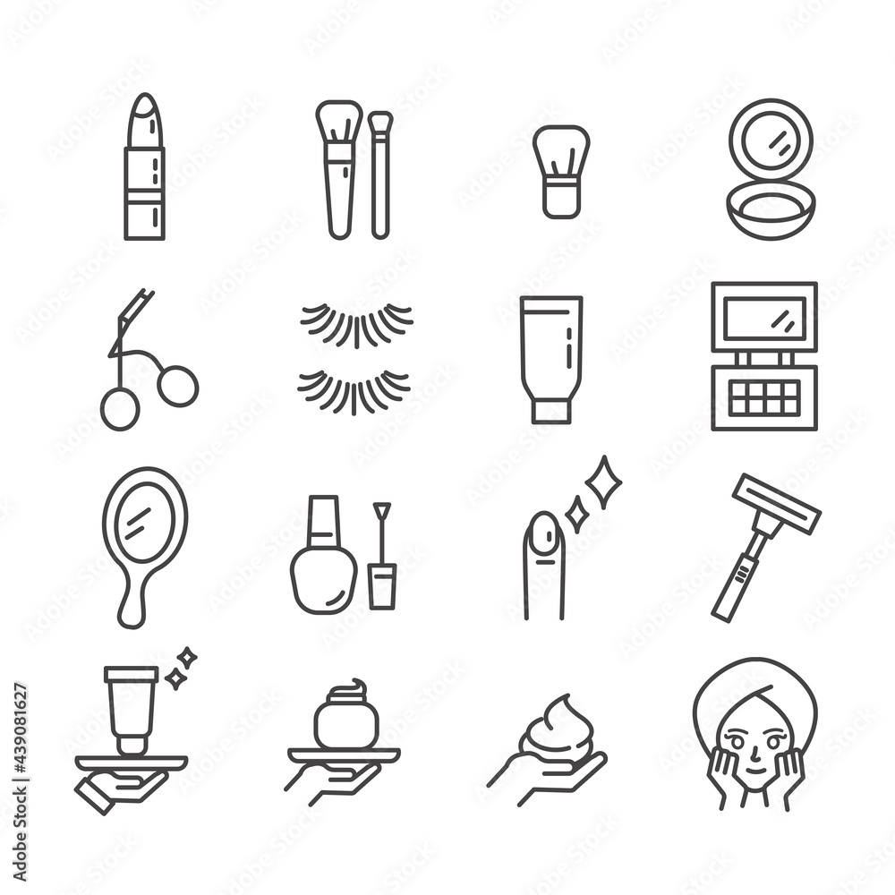 Set of minimal makeup icons. Beauty stylist or blogger and cosmetic products concept in modern outline isolated on white background Set of minimal makeup icons. Beauty stylist or blogger and cosmetic products concept in modern outline isolated on white background