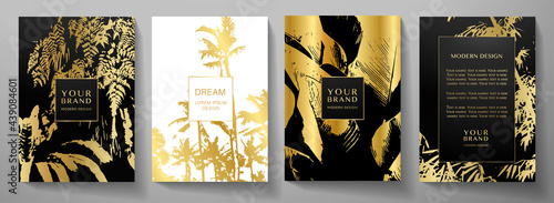 Tropical cover design set with abstract leaves, palm tree pattern. Exotic background vector useful for brochure, menu template, summer holiday poster