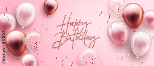 Vector birthday elegant greeting card or banner with golden, pink and white balloons and falling confetti. Vector illustration