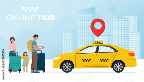 Happy Family with suitcases call taxi, and go to Summer Trip. Mother, Father, and Daughter Standing with Luggage on City Street. Vector illustration in flat style