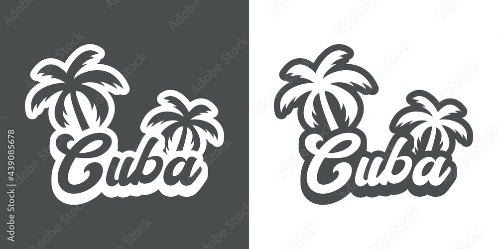 Naklejka premium Destino de vacaciones. Logotipo con texto Cuba con palmeras con sombra en fondo gris y fondo blanco