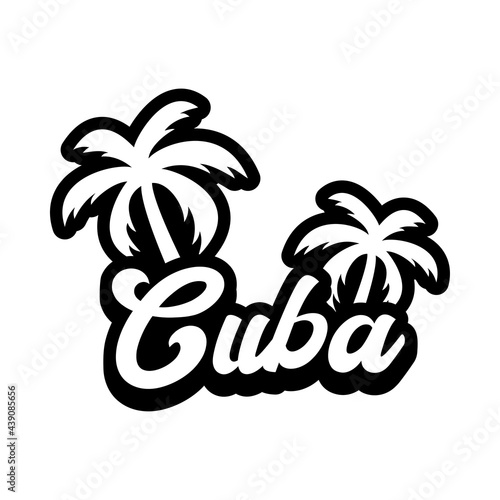 Destino de vacaciones. Logotipo con texto Cuba con palmeras con sombra en color negro