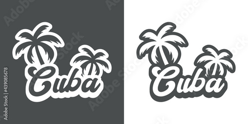 Destino de vacaciones. Logotipo con texto Cuba con palmeras con sombra en fondo gris y fondo blanco