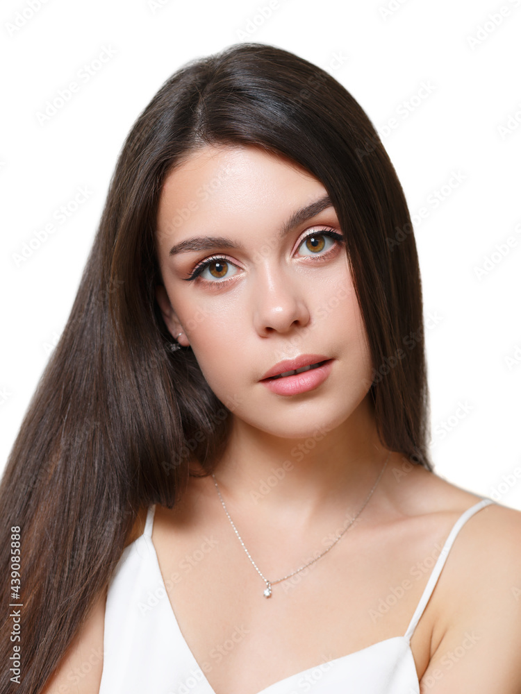 young woman brunette girl isolated on a white background