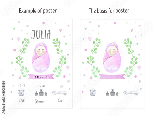 Newborn metric for children bedroom watercolor illustrations. Metric wiht height, weight, date of birth. Baby Shower poster with cute little girl. Birth poster - newborn metric poster. Greeting card.