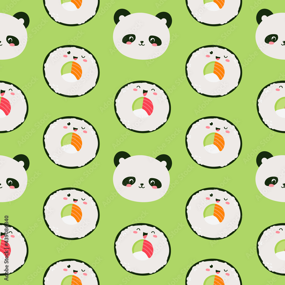 Vector seamless pattern with rolls and sushi. Cute design for fabric, paper, wallpaper.