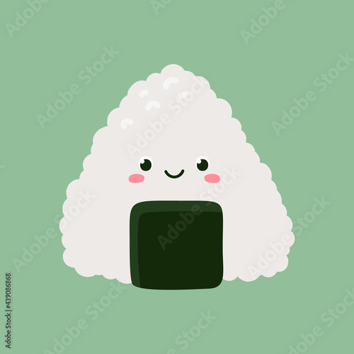 Sushi roll onigiri with nori, side view. Cute character design. Vector cartoon illustration on a green background.