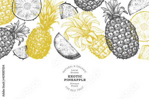 Hand drawn sketch style pineapple banner. Organic fresh fruit vector illustration. Engraved style botanical design template.