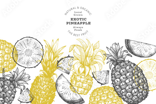 Hand drawn sketch style pineapple banner. Organic fresh fruit vector illustration. Engraved style botanical design template.