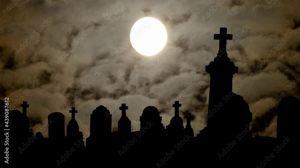 Graveyard Cemetery In Spooky dark Night with Full Moon, Fog and Smoke Graveyard Cemetery In Spooky dark Night with Full Moon, Fog and Smoke