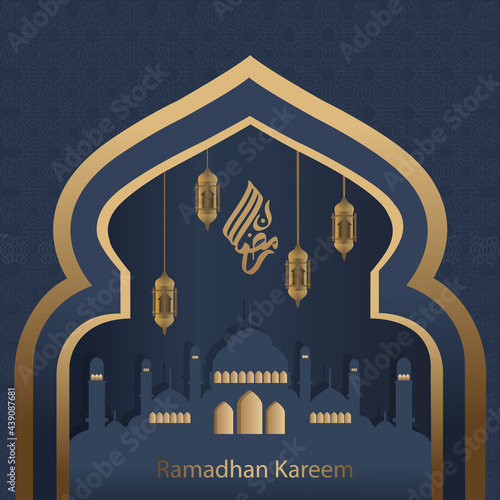 Ramadan kareem background with glowing hanging lanterns and mosque. Luxury greeting card background. Suitable for poster, brochure, flyer, promo, wallpaper