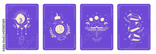 Set of mystical templates for tarot cards, banners, flyers, posters, brochures, stickers. Cards with esoteric symbols. Silhouette of planets, stars, moon phases and crystals. Vector illustration