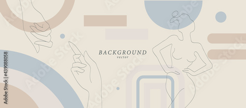 Abstract background art with botanical and woman body shapes on soft background. Organic colors horizontal banner. Boho style minimalistic background. Vector illustration.