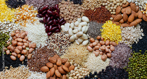 Variety kind of dry organic cereal and grain seeds pile, for healthy or clean food ingredient or agricultural product concept
