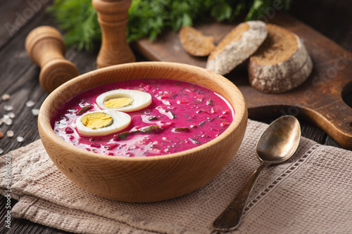 Beetroot cold soup with yogurt and eggs. 