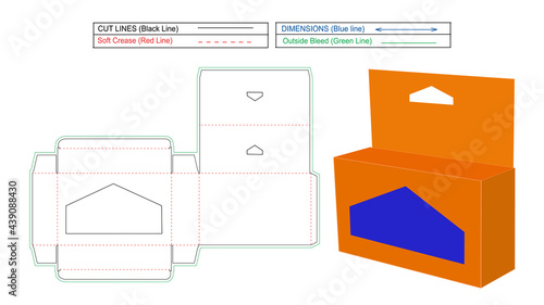 Tucking mobile charger box with transparent window, dieline tamplate and 3D vector render, editable and changeable