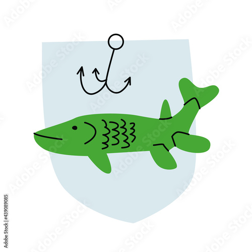 Simple sign vector illustration of a pike with a fish hook on a shield background in natural colors