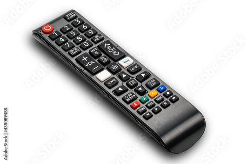 High angle view of remote control for television on white background.