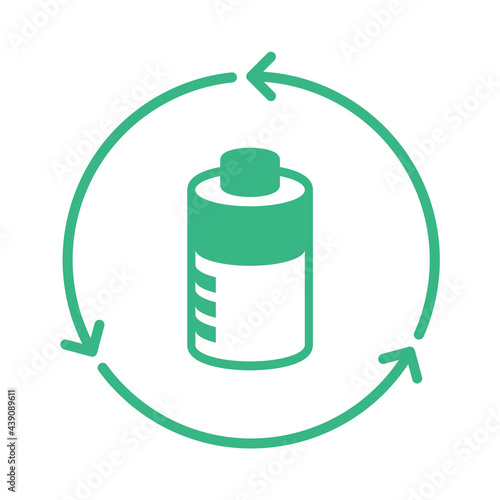Batteries recycle icon. Safely disposal of batteries. Green battery in a circle with arrows. Reduce toxic waste and chemicals in the environment. Waste management. Vector illustration, flat, clip art.