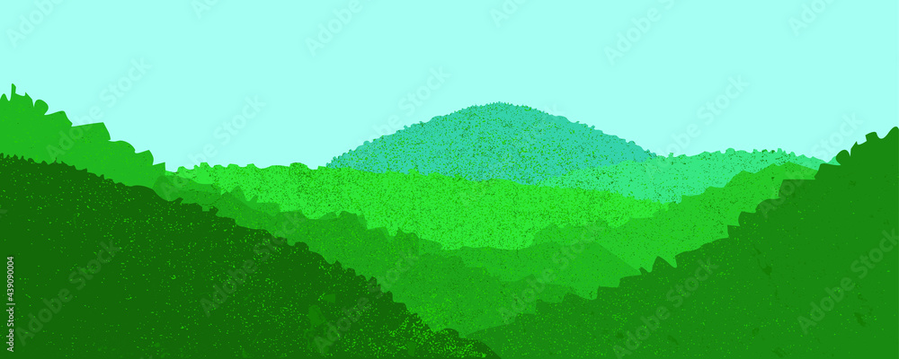 Landscape with , green forest and Mountain silhouettes . Rocky peaks and hills .  Splatter paint texture . Distress grunge background . Outdoor abstract illustration. vector.