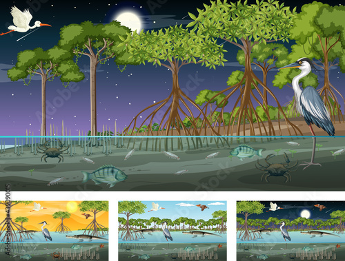Different mangrove forest landscape scenes with animals and plants