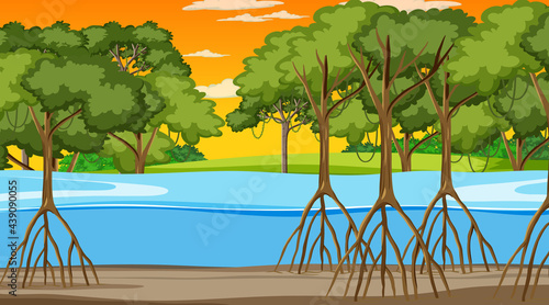 Nature scene with Mangrove forest at sunset time in cartoon style © blueringmedia