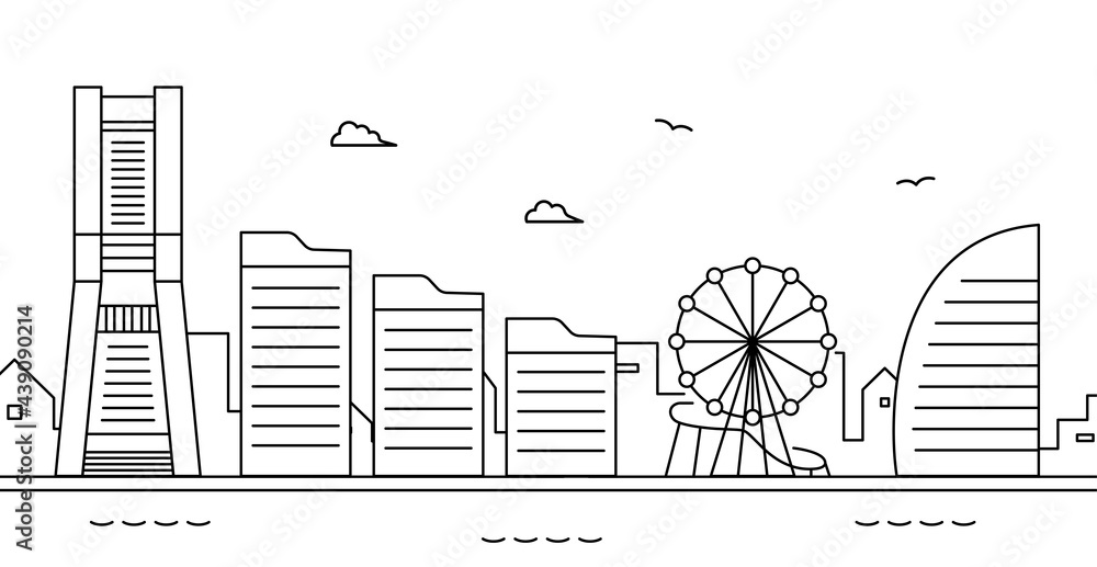 横浜みなとみらいの風景のイラスト 背景 街並み 神奈川 シンプル 港 海 ランドマークタワー 観覧車 Stock Vector Adobe Stock