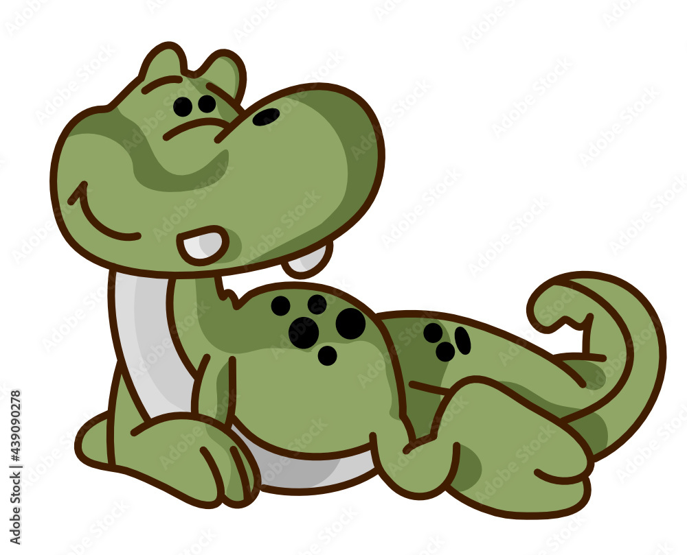 Naklejka premium Green cute dinosaur lying on the ground with white background.
