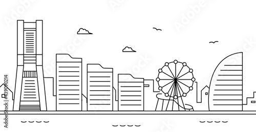 横浜みなとみらいの風景のイラスト　背景　街並み　神奈川　シンプル　港　海　ランドマークタワー　観覧車