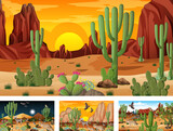 Four different desert forest landscape scenes with animals and plants