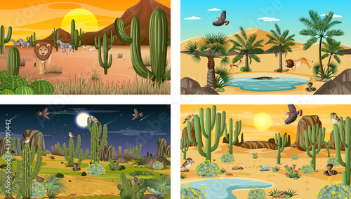 Four different desert forest landscape scenes with animals and plants