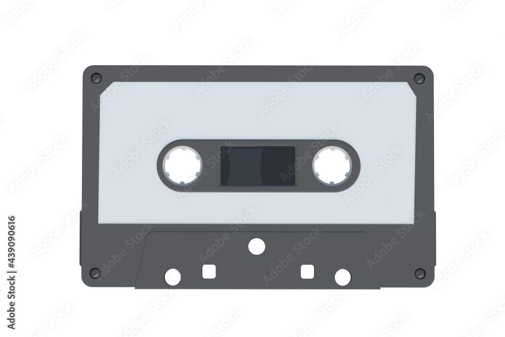 Vintage audio cassette tape of gray color isolated on white background. Music storage. Retro cartridge. 3d render