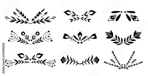 Set of black silhouette of spacers with tribal twig. Vector nature design elements. Folk plant text delimiters for article, invitation and card. Natural geometric design element with boho decoration
