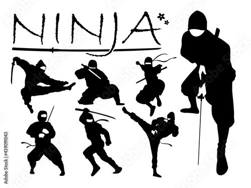 Ninja Silhouette Set. Set of Ninja Silhouette vector illustration, Ninja Weapon silhouette. Ninja Japanese warrior silhouettes. All in a single layer. Vector illustration.