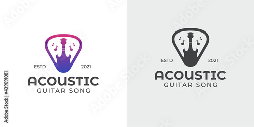 Simple and silhouette acoustic guitar and pick, music shop, concert logo