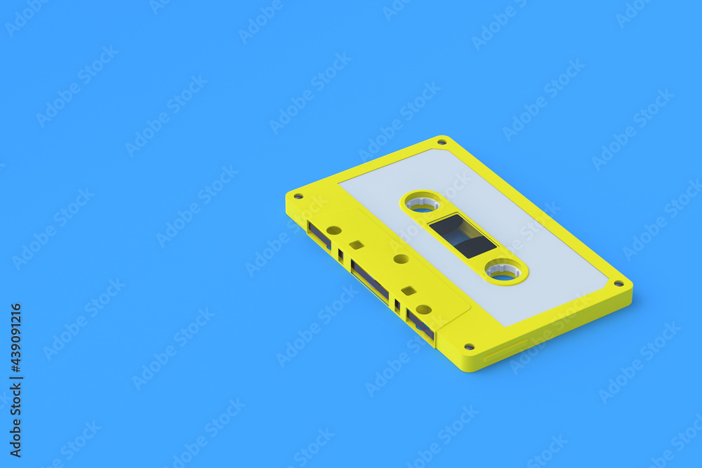 Single vintage audio cassette tape of yellow color on blue background. Music storage. Retro cartridge. Copy space. 3d render