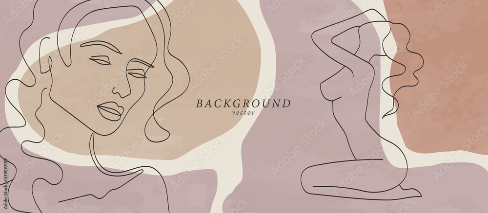 Abstract background art with woman beauty face or naked body. Earth tones colors wall art decor. Soft color painting boho style background. Minimalistic background design. Vector illustration. Abstract background art with woman beauty face or naked body. Earth tones colors wall art decor. Soft color painting boho style background. Minimalistic background design. Vector illustration.