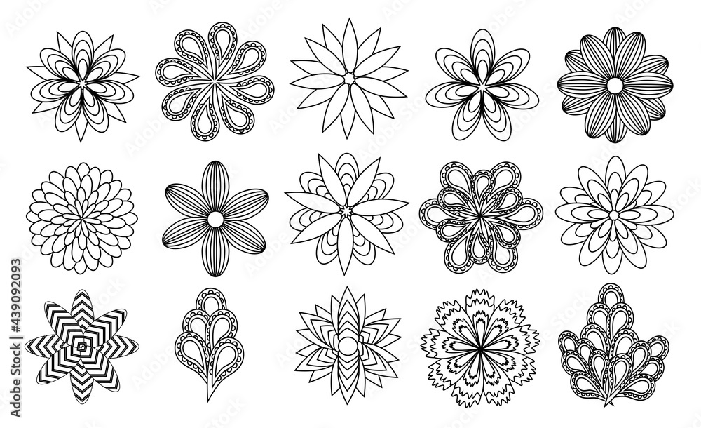 A set of black and white abstract flowers for printing on cards, greeting letters, for coloring books, for drawing up ornaments, decorative ornaments, badges A set of black and white abstract flowers for printing on cards, greeting letters, for coloring books, for drawing up ornaments, decorative ornaments, badges