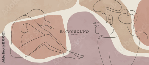 Abstract background art with woman beauty face or naked body. Earth tones colors wall art decor. Soft color painting boho style background. Minimalistic background design. Vector illustration.