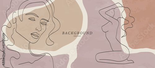Abstract background art with woman beauty face or naked body. Earth tones colors wall art decor. Soft color painting boho style background. Minimalistic background design. Vector illustration.