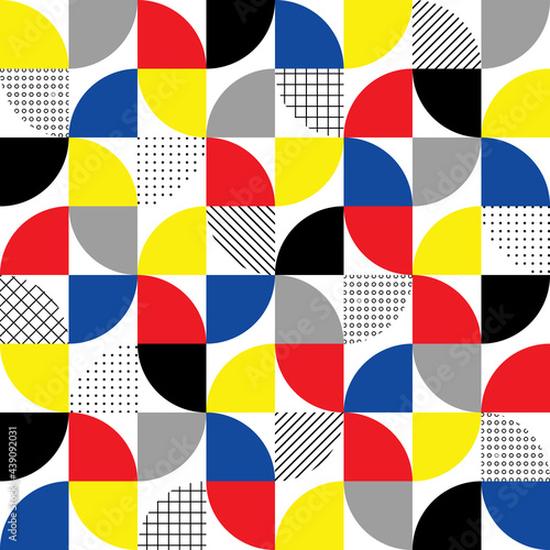 Geometric seamless pattern. Bauhaus abstract background. Check color texture. Funky figure geometry pattern circle and square. Pop art shape design for prints. Modern style graphic element. Vector