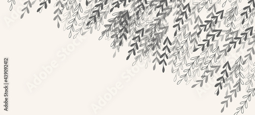 Floral web banner with drawn grey exotic leaves. Nature concept design. Modern floral compositions with summer branches. Vector illustration on the theme of ecology, natura, environment